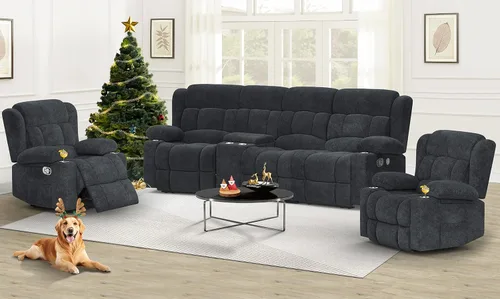 Vista 24 de Dresegmt - Juego de sofá reclinable con consola, diseño de respaldo central abatible, sofá de 3 plazas y sillón reclinable individual, sofás Gris