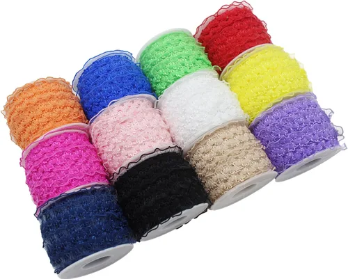 Vista 12 de Cinta de encaje elástica negra con volantes de 20 yardas para coser de 1 pulgada de organza de doble onda, ajuste de encaje, ropa y ropa