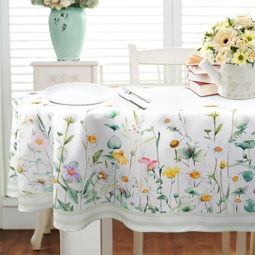 Vista 2 de Mantel ovalado de color verde salvia con margaritas de 54 x 72 pulgadas, mantel floral salvia, impermeable, resistente a las arrugas, mantel ovalado