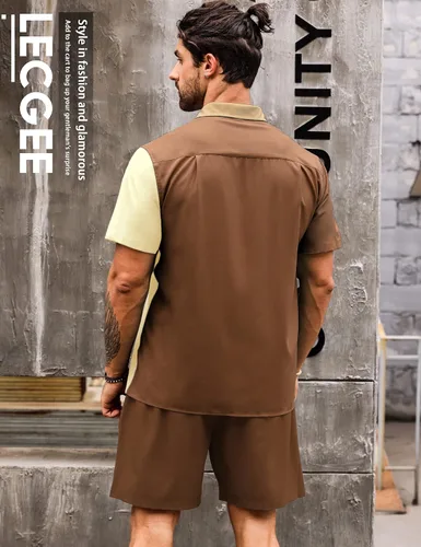 Vista 3 de LecGee Conjunto de 2 piezas de camisa y pantalones cortos de manga corta con botones para hombre