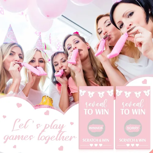 Vista 6 de Jexine Juego de 60 tarjetas para raspar para baby shower, color rosa, divertidas tarjetas para rascar, para fiestas de baby shower