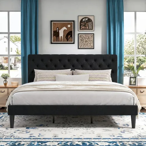 Vista 18 de HOMBCK Base de cama de tamaño individual con cabecera, base de cama tapizada con plataforma de lino para niños, base de cama de tamaño individual