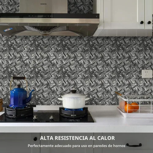 Vista 4 de Midcard 8 hojas de azulejos de mosaico de cocina para despegar y pegar como salpicadero de PVC, decoración de pared de cocina. Madera gris negro