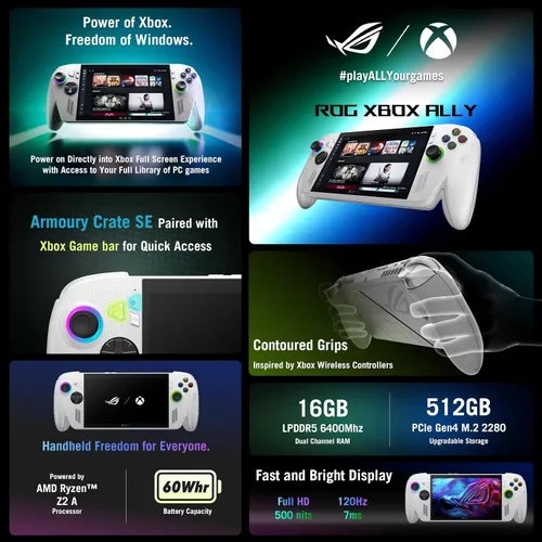 Vista 3 de ASUS ROG Xbox-Ally 1TB SSD AMD Ryzen Z2 A CPU Gaming Handheld 7 pulgadas pantalla táctil 120Hz, Mytrix Hub, protector de pantalla, 3 accesorios