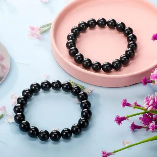 Vista 3 de Hicarer 2 pulseras de shungita negras con cuentas de shungita, piedras elásticas de cristal, joyería energética, poderoso defensor espiritual