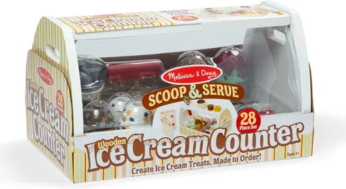 Vista 9 de Melissa & Doug - Encimera de helados de madera con cuchara para servir, juego de tienda de simulación, 28 accesorios de comida y cocina de juguete