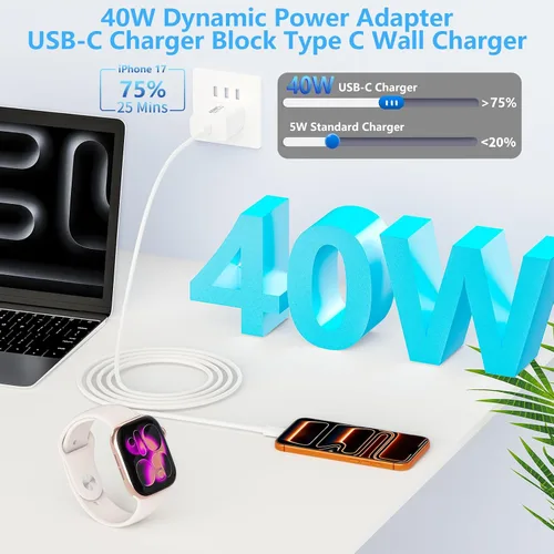 Vista 6 de [Certificado MFi de Apple] Cargador para iPhone 17 de carga rápida, paquete de 4 adaptadores de corriente dinámicos de 40 W, cargador USB C