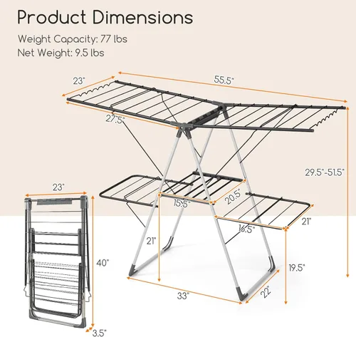 Vista 9 de Giantex Estante de secado de ropa, estante de secado de ropa plegable con 33 rieles de secado, altura ajustable de 3 niveles, clips versátiles