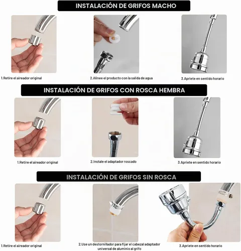 Vista 6 de Accesorio de rociador de llave, cabezal de llave de cocina de repuesto giratorio de 360° extensor de llave de 3 velocidades con adaptador universal