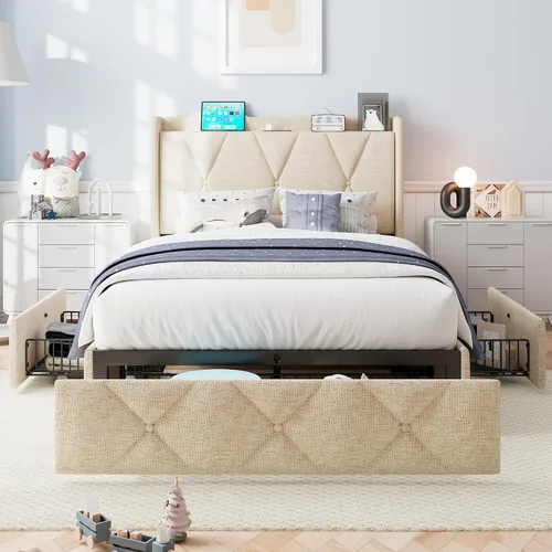 Vista 14 de iPormis - Marco de cama de tamaño matrimonial con 4 cajones de almacenamiento, base de cama tapizada con estación de carga, cabecera de Beige