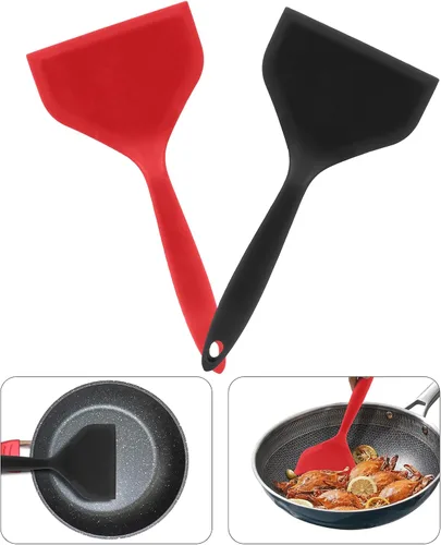Vista 5 de 2 espátulas Wok de gel de sílice, espátula ancha para panqueques, antiadherente, resistente al calor, con mango corto para cocinar, hornear y freír
