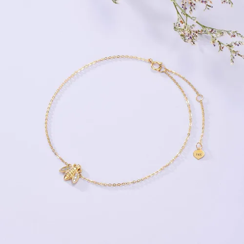 Vista 3 de MUUYON Tobillera de abeja de oro de 14 quilates para mujer, pulsera de tobillo con dije de abeja de oro amarillo real para mujer, para niñas