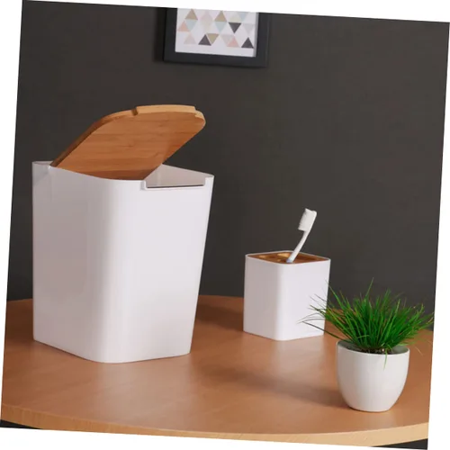 Vista 9 de Bote de basura de plástico moderno con tapa tipo prensa para baño y cocina, diseño compacto con capacidad