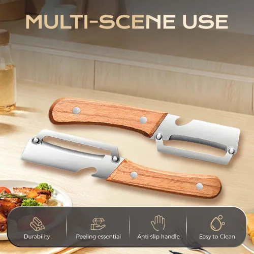 Vista 2 de Cuchillo pelador de frutas grueso multifuncional de acero inoxidable para cocina, hoja ultraafilada con mango de madera y abridor de botellas