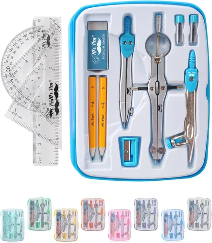 Vista 15 de Mr. Pen- Geometry Set, 13 pcs, 3 Metal Compasses, Protractor, 6" Ruler 45° & 30°/60° Set Squares, Pencils, Lead Refills, Sharpener & Eraser for