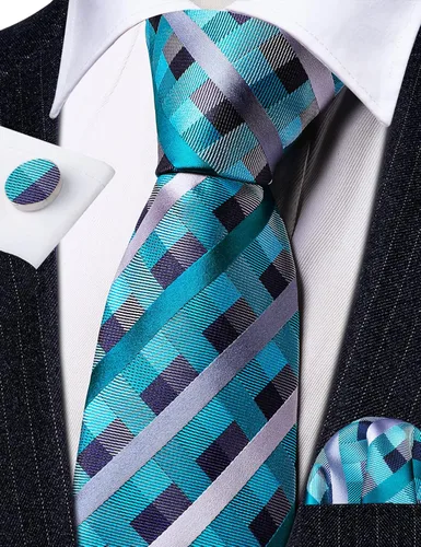 Vista 86 de Barry.Wang Juego de corbatas a cuadros para hombre con pañuelo gemelos de rayas clásicas