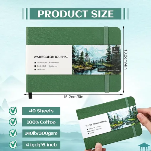 Vista 2 de 40 hojas de cuaderno de acuarela 4x6 pulgadas, papel de acuarela de 140 lb/300 GSM para bocetos de acuarela, papel de acuarela prensado en frío