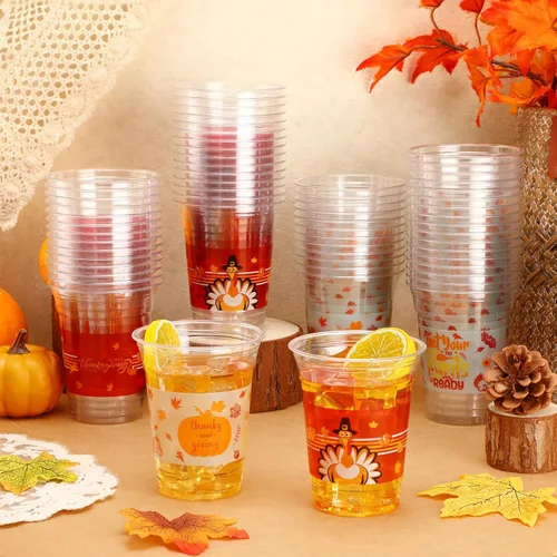 Vista 4 de Uiifan 60 Piezas Vasos Desechables de Acción de Gracias de 12 onzas Vasos de Plástico a Granel Vasos Transparentes de Pavo Calabaza de Otoño Vasos