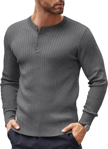 Vista 22 de COOFANDY Suéter de punto Henley para hombre, manga larga, con botones, ligero, para otoño, ajustado, acanalado
