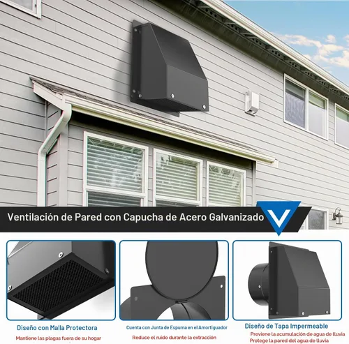 Vista 3 de Cubierta de ventilación de secadora de 4 pulgadas, ventilación de pared con capucha con pantalla y amortiguador, cubiertas de ventilación de acero