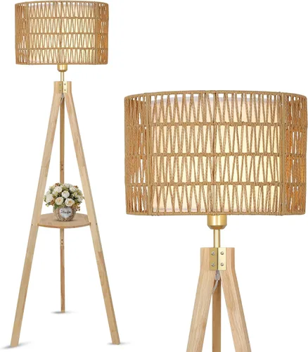 Vista 11 de LAMSU Lámparas de pie estilo bohemio con trípode para sala de estar, lámpara de pie de madera de ratán con pantallas de tela, lámpara de pie