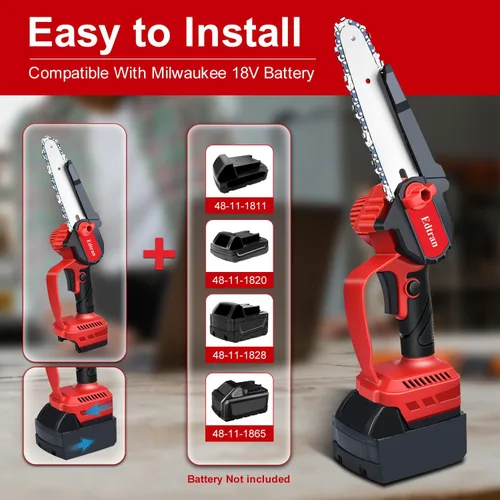 Vista 3 de Mini motosierra para batería Milwaukee de 18 V, motosierra eléctrica inalámbrica de 6 pulgadas, 1 cadena de repuesto con bloqueo de seguridad