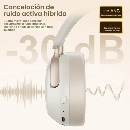Vista 2 de LORELEI QC30 Auriculares híbridos con cancelación activa de ruido, Bluetooth inalámbrico sobre la oreja, piel proteica beige, control activo