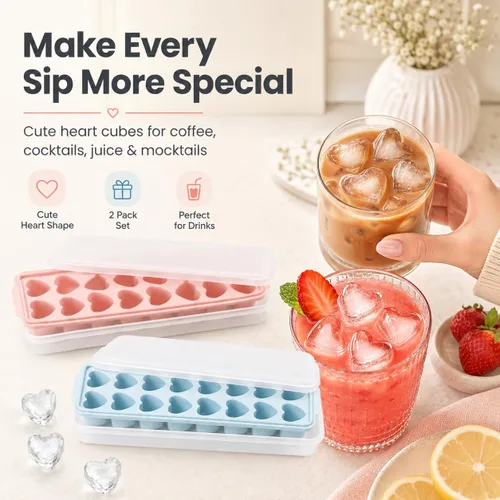 Vista 5 de 2 paquetes de bandejas para cubitos de hielo en forma de corazón con tapas y compartimentos, moldes de hielo con caja de almacenamiento de hielo, 48