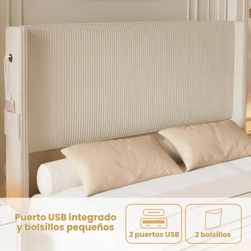 Vista 5 de Marco de Cama Tamaño Queen con Cabecero, Cama de Plataforma Tapizada con Cabecero Alto Tipo Wingback y Pie de Cama, Marco de Cama de Pana con Beige