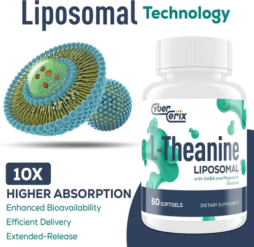Vista 4 de CyberCerix L-teanina liposomal 500 mg, complejo con GABA 200mg y magnesio 100 mg, suplemento extra fuerte para calma, relajación y concentración