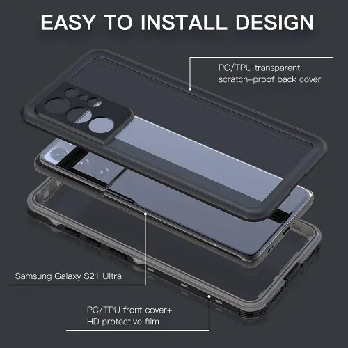 Vista 4 de LEMAXELERS Diseñada para Galaxy S21 Ultra, funda impermeable con protector de pantalla integrado [IP68 bajo el agua]