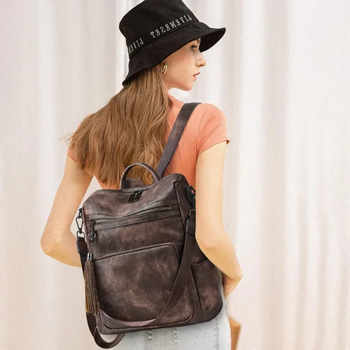 Vista 50 de OPAGE - Mochila de cuero para mujer, con borla de moda, bolso de hombro, mochila grande, bolsa de viaje, gris, L