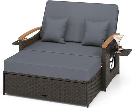 Vista 10 de LDAILY Moccha - Sofá de mimbre para exteriores, sofá biplaza de ratán para patio con respaldo ajustable de 4 niveles, paneles plegables, otomana