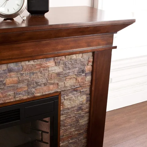 Vista 3 de SEI Furniture Canyon Heights Chimenea eléctrica de piedra falsa apilada de 60", color arce whisky Whisky Arce