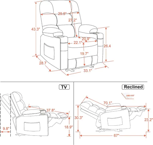 Vista 3 de MCombo PR621 Silla reclinable eléctrica de gravedad cero con calor y masaje PR621 (negro) Gravedad cero de 155°, puertos de carga USB y tipo C