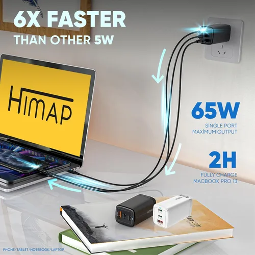 Vista 3 de Cargador USB C de 65 W, GaN Pro PD de carga rápida, plegable, 3 puertos compatibles con iPhone 15, 14 Pro, MacBook, Samsung, laptop, dispositivos