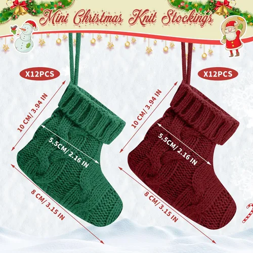 Vista 2 de Jerify 24 mini medias de Navidad de 3.94 pulgadas, calcetines de punto pequeños de Navidad, calcetines colgantes de Navidad, adornos rústicos