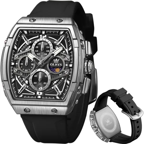 Vista 16 de OLEVS Men Watches Business Dress Chronograph Big Square Quartz Analog Male Watch Silicone Strap Waterproof Date Gift Mens Wrsit Watch Silver