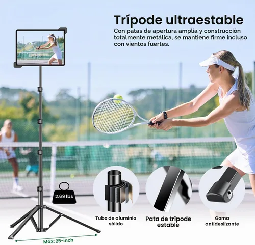 Vista 6 de elitehood Soporte de aluminio para iPad con soporte diagonal para tableta, trípode para iPad de 65 pulgadas de altura ajustable, trípode giratorio