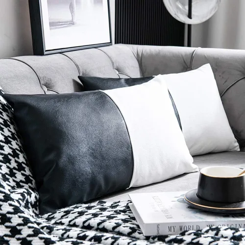 Vista 2 de DEZENE Fundas de Almohada Decorativas de Cuero Sintético y Algodón para Sofá Cama Sofá, Juego de 2 de 12 x 20 pulgadas Modernas Cuadradas Negro