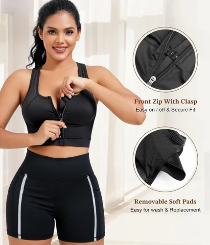 Vista 3 de URSEXYLY Sujetadores deportivos con cremallera frontal para mujer, brasier de yoga acolchado extraíble de alto soporte para fitness, entrenamiento