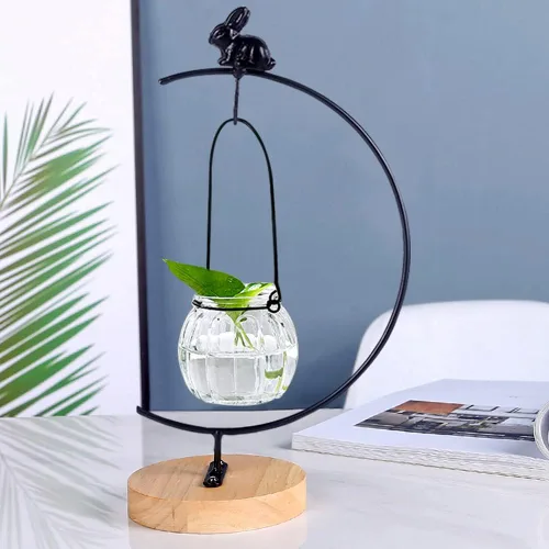Vista 2 de YY YEARCHY Soporte de exhibición de adornos rústicos con decoración de conejo, soporte para plantas de aire, terrarios, soporte para macetas