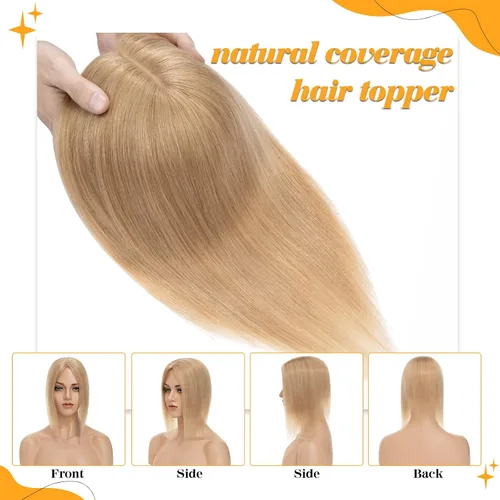 Vista 4 de S-noilite Toppers para el cabello para mujer, sin flequillo, #27 rubio oscuro con clip, piezas de cabello para mujeres con cabello delgado, base