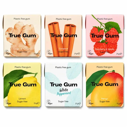 Vista 8 de True Gum Goma de mascar sin plástico, sabor menta, goma de mascar sin azúcar hecha con xilitol, a base de plantas, vegana, biodegradable, sabores