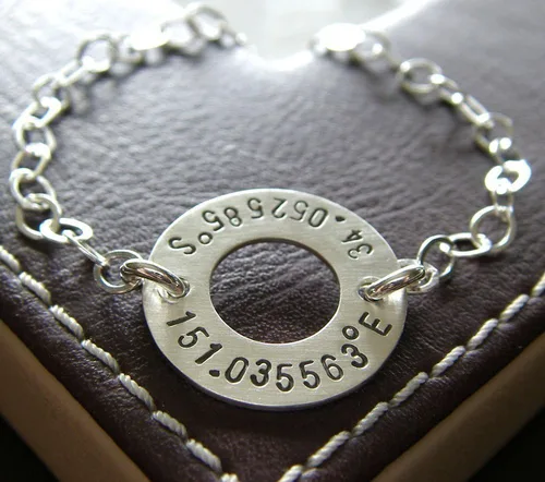 Vista 2 de Longitude Latitude Washer Bracelet - Personalized GPS Coordinates - Hand Stamped Genuine Sterling Silver - Stamped on Both Sides
