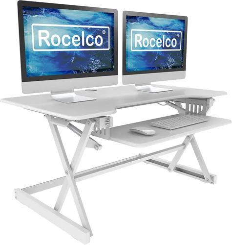 Vista 43 de Rocelco - Convertidor de escritorio para trabajar de pie con altura ajustable de 32 pulgadas - Estación de trabajo para computadora sentada o de pie
