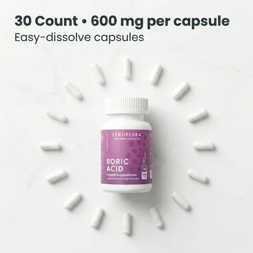 Vista 2 de Seroflora Cápsulas femeninas de ácido bórico de 600 mg, soporte de pH femenino, frescura íntima para mujeres, cápsulas de disolución rápida