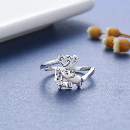 Vista 2 de Anillo de Elefante Mamá Hija Plata de Ley 925 Ajustable Anillos de Dedo Corazón de Amor Colgante para Mujeres Esposa Mamá Nana Hija Regalo de Joyería