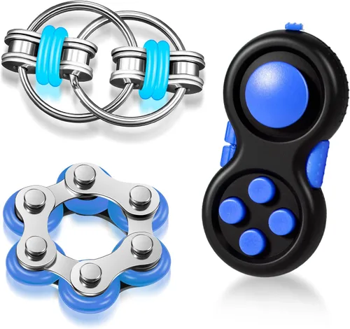 Vista 9 de Gejoy Juego de 3 juguetes para inquietos para adultos, controlador de mano, juego de almohadillas, seis rodillos, cadena, cadena giratoria, llave