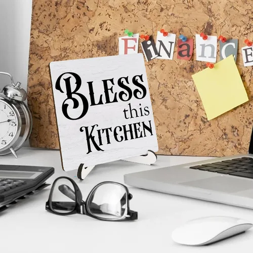 Vista 3 de Letrero de cocina de granja de madera de 5 x 5 pulgadas, decoración de soporte de mesa de escritorio de madera con texto en inglés "Bless This Cook